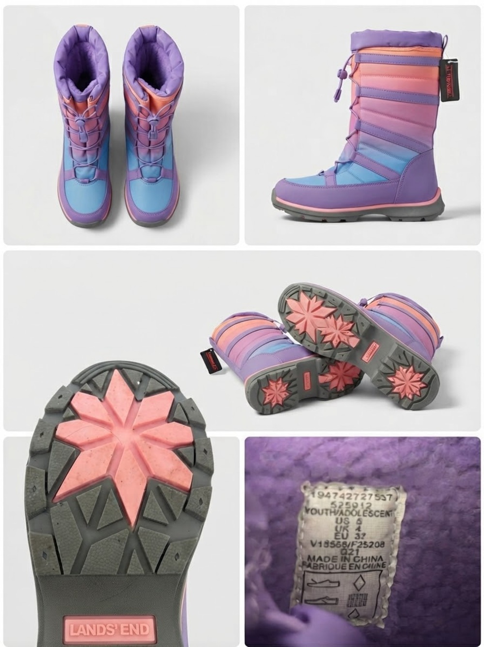 Lands' End Youth Size 5 Purple Pink Blue Ombre Insulated Waterproof Snow Boots